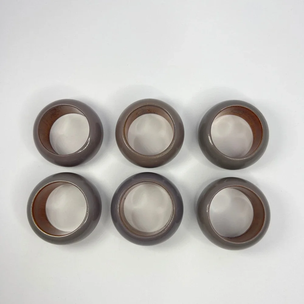 6 Vintage Wood Greige Napkin Rings‎ Made in India Taupe Grey Boho Eclectic Retro